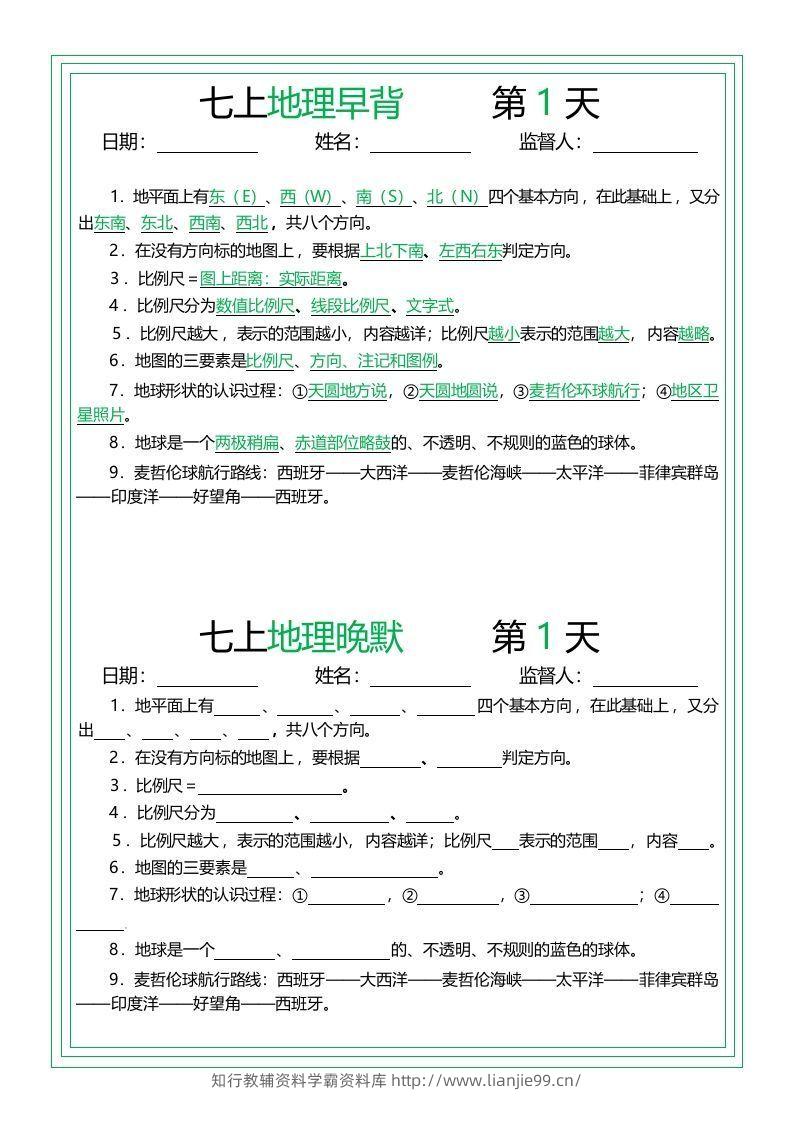 七上地理早背晚默14天-学霸资料库学科资源下载