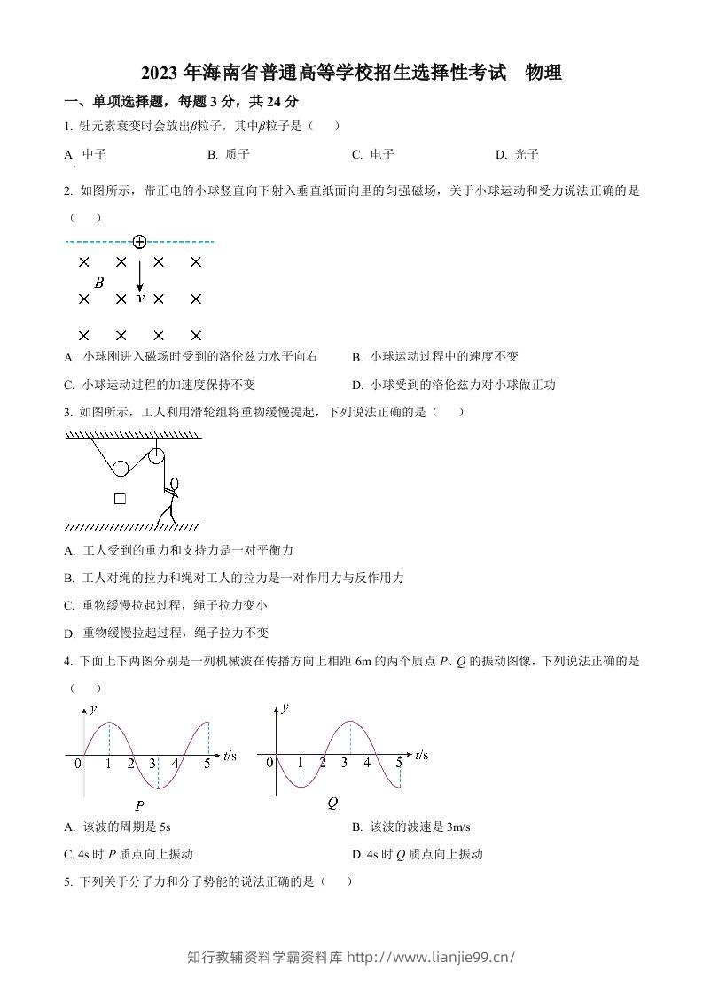 2023年高考物理试卷（海南）（空白卷）-学霸资料库学科资源下载