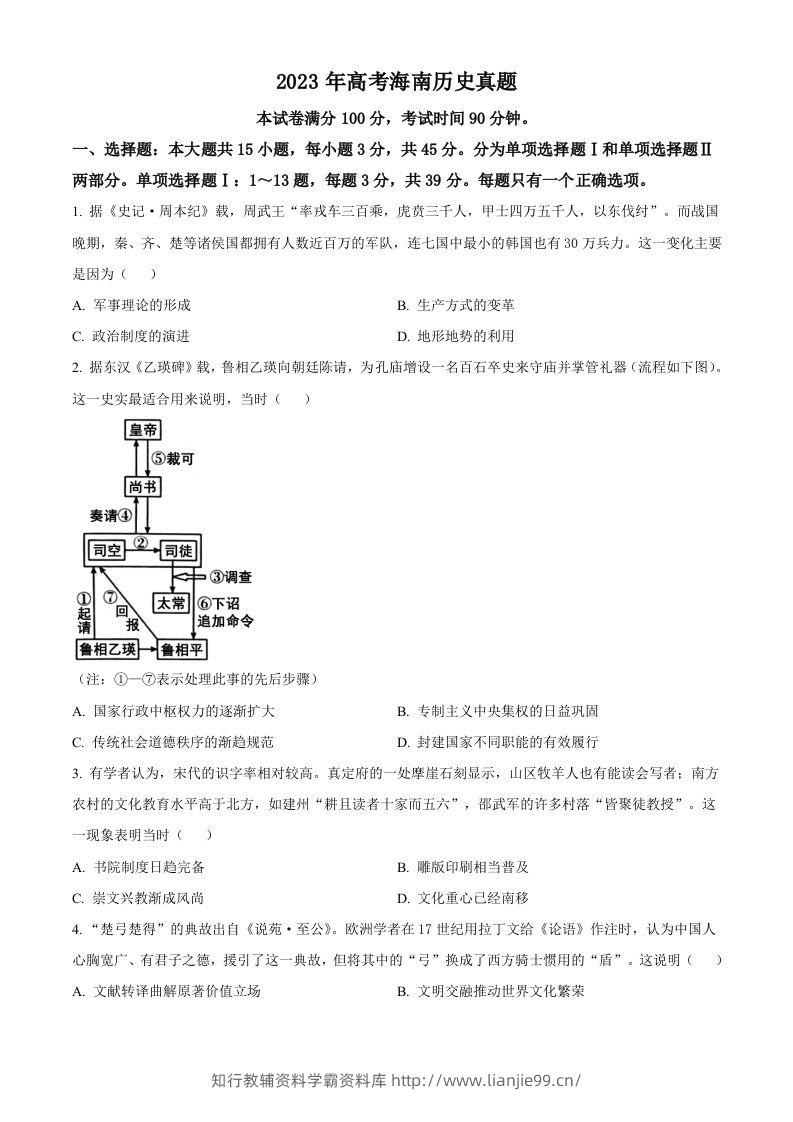 2023年高考历史试卷（海南）（空白卷）-学霸资料库学科资源下载