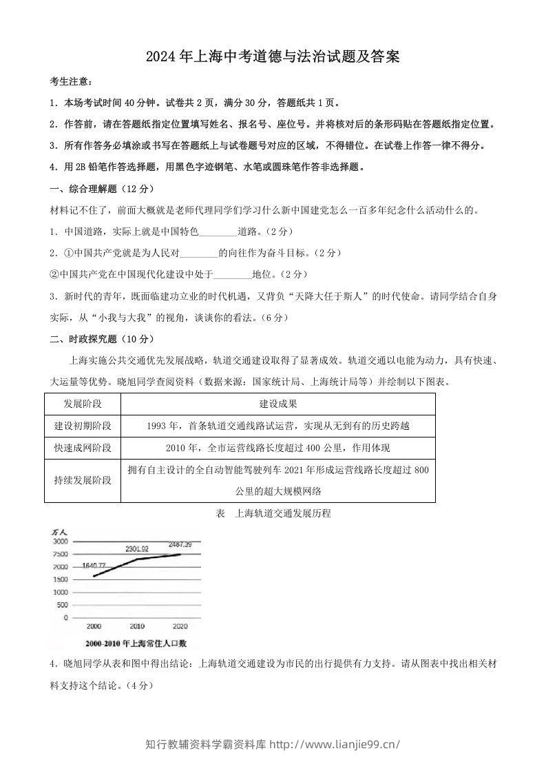 2024年上海中考道德与法治试题及答案(Word版)-学霸资料库学科资源下载
