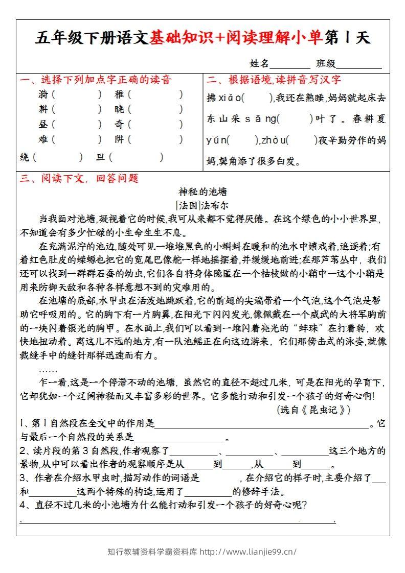 【基础知识+阅读理解小单】五下语文-学霸资料库学科资源下载