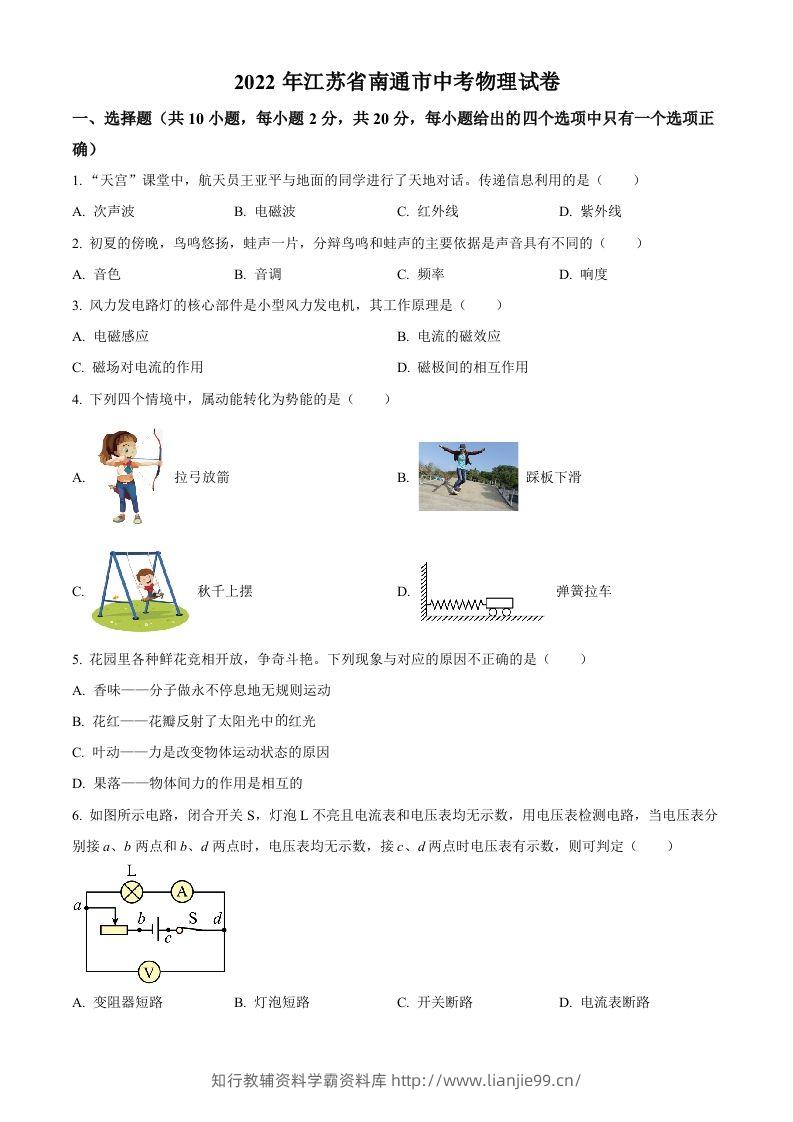 2022年江苏省南通市中考物理试题（空白卷）(1)-学霸资料库学科资源下载