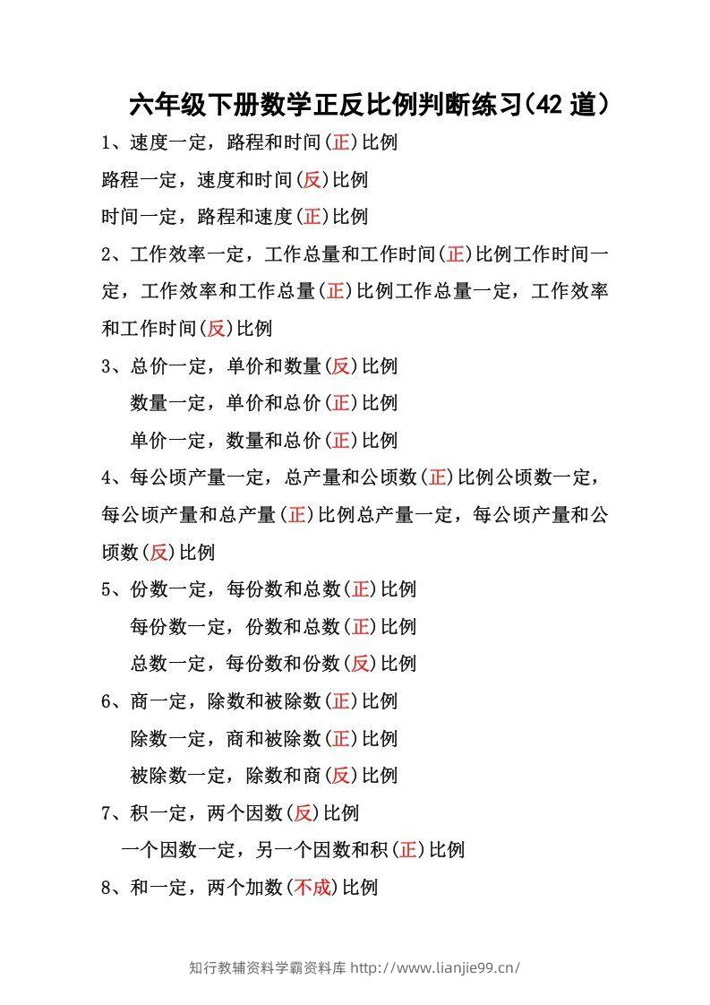 六年级下册数学正反比例专项练习-学霸资料库学科资源下载