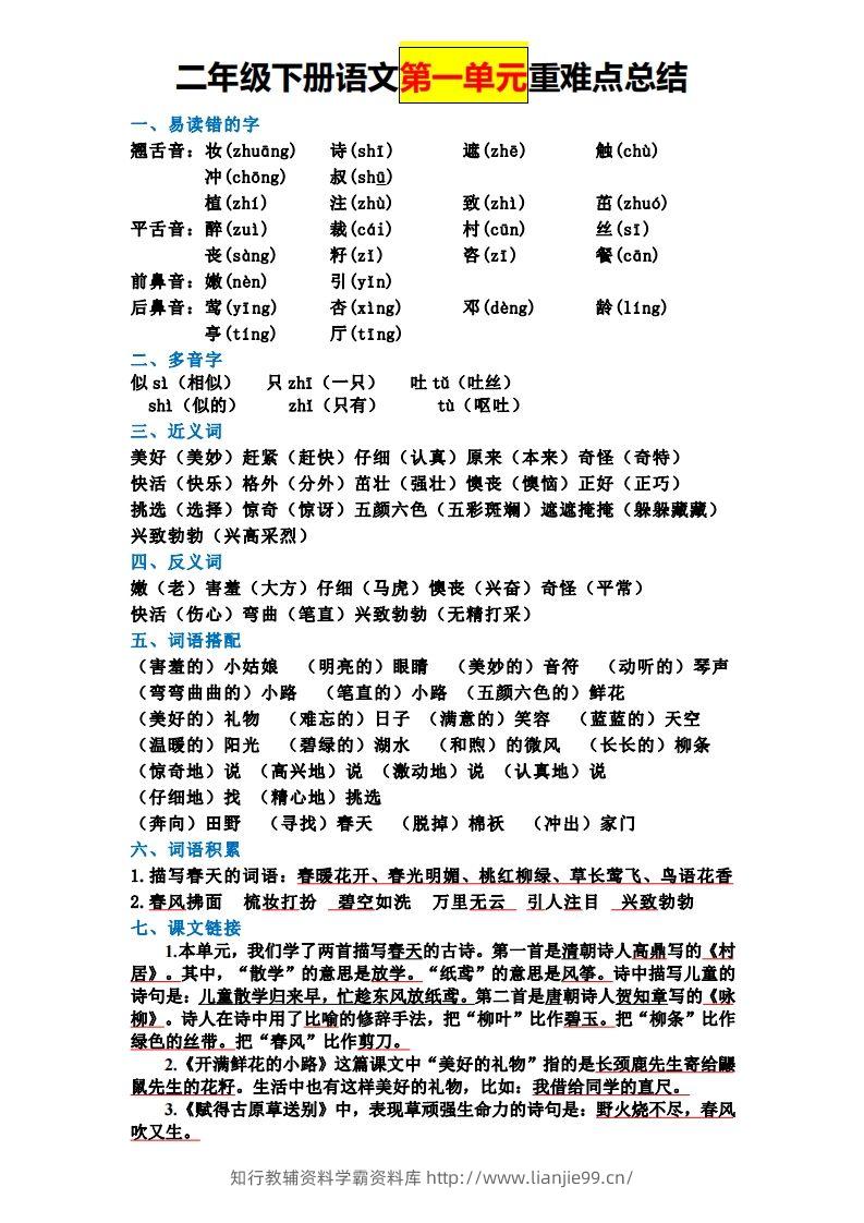 二下语文全册知识点-学霸资料库学科资源下载