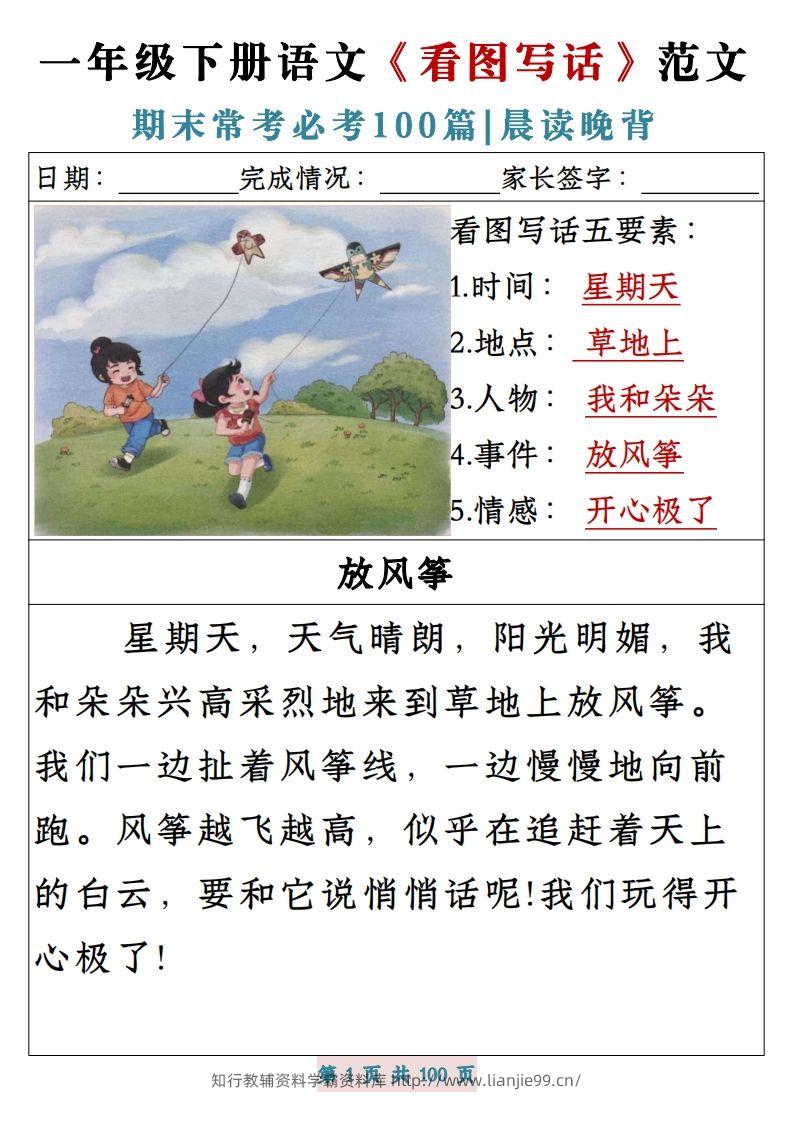 一年级下册语文《看图写话》范文期末常考必考100篇-学霸资料库学科资源下载