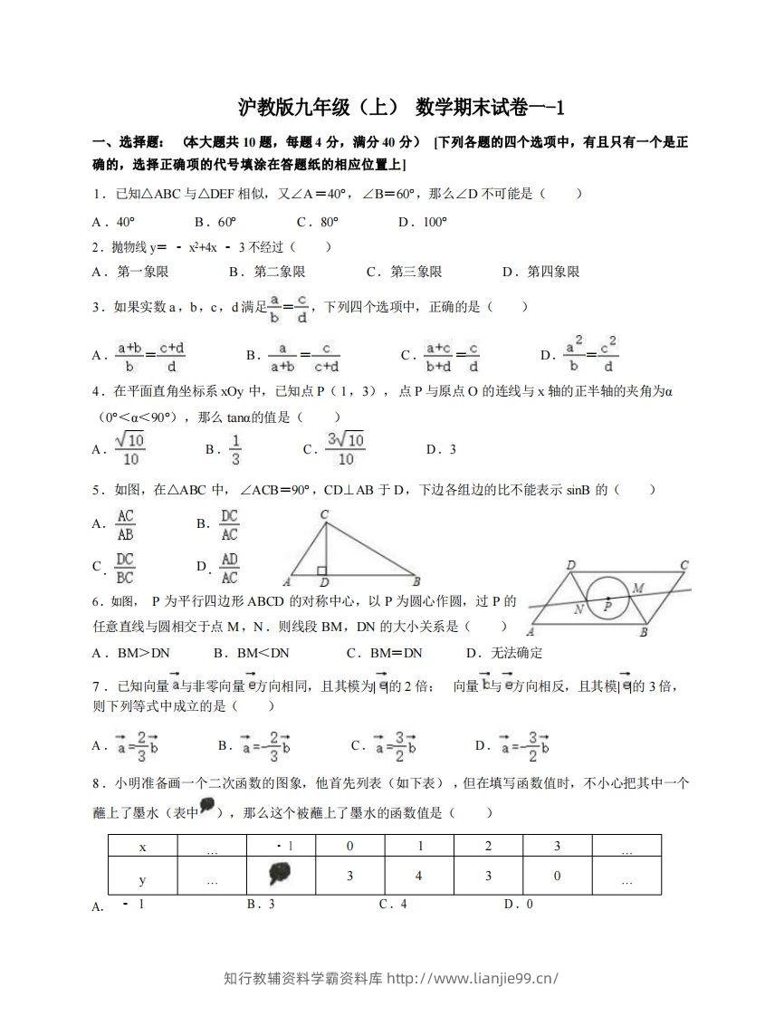 九年级（上）数学期末试卷1-1卷沪教版-学霸资料库学科资源下载