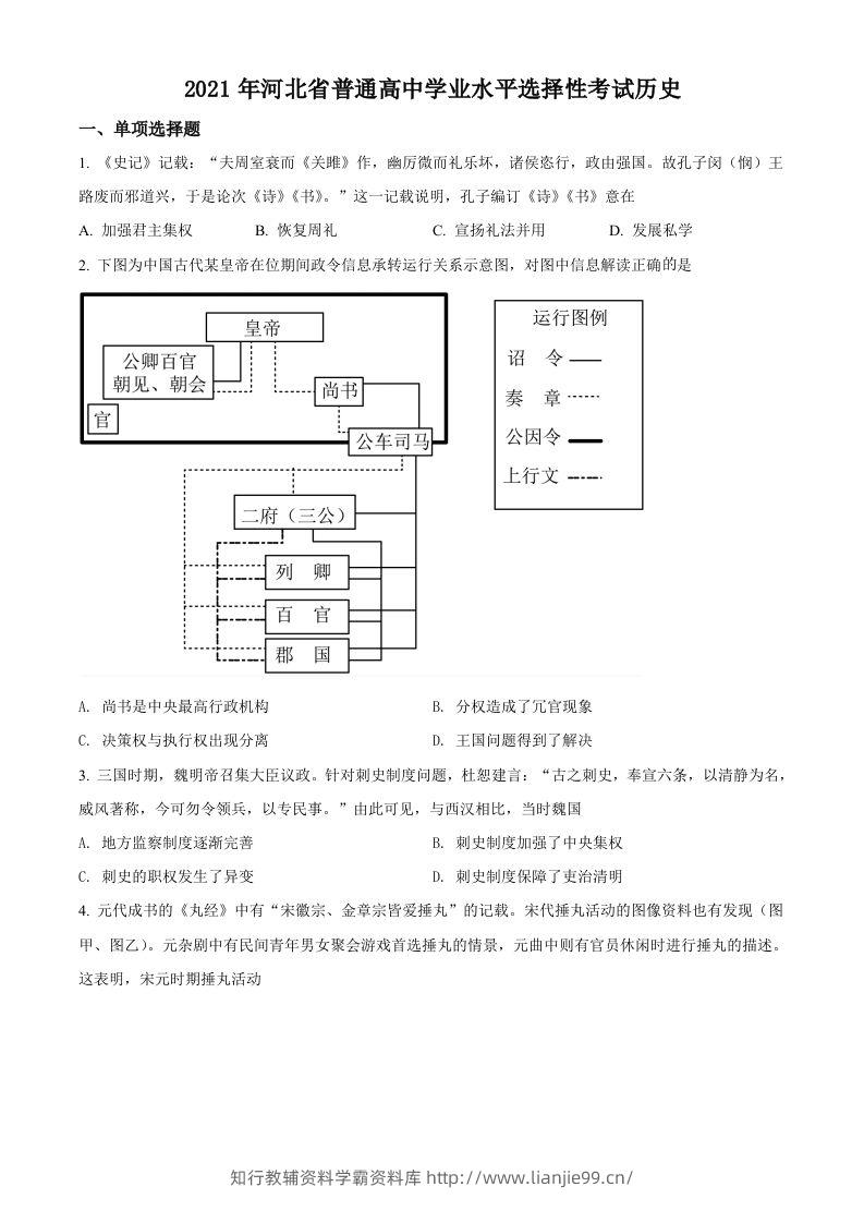2021年高考历史试卷（河北）（空白卷）-学霸资料库学科资源下载