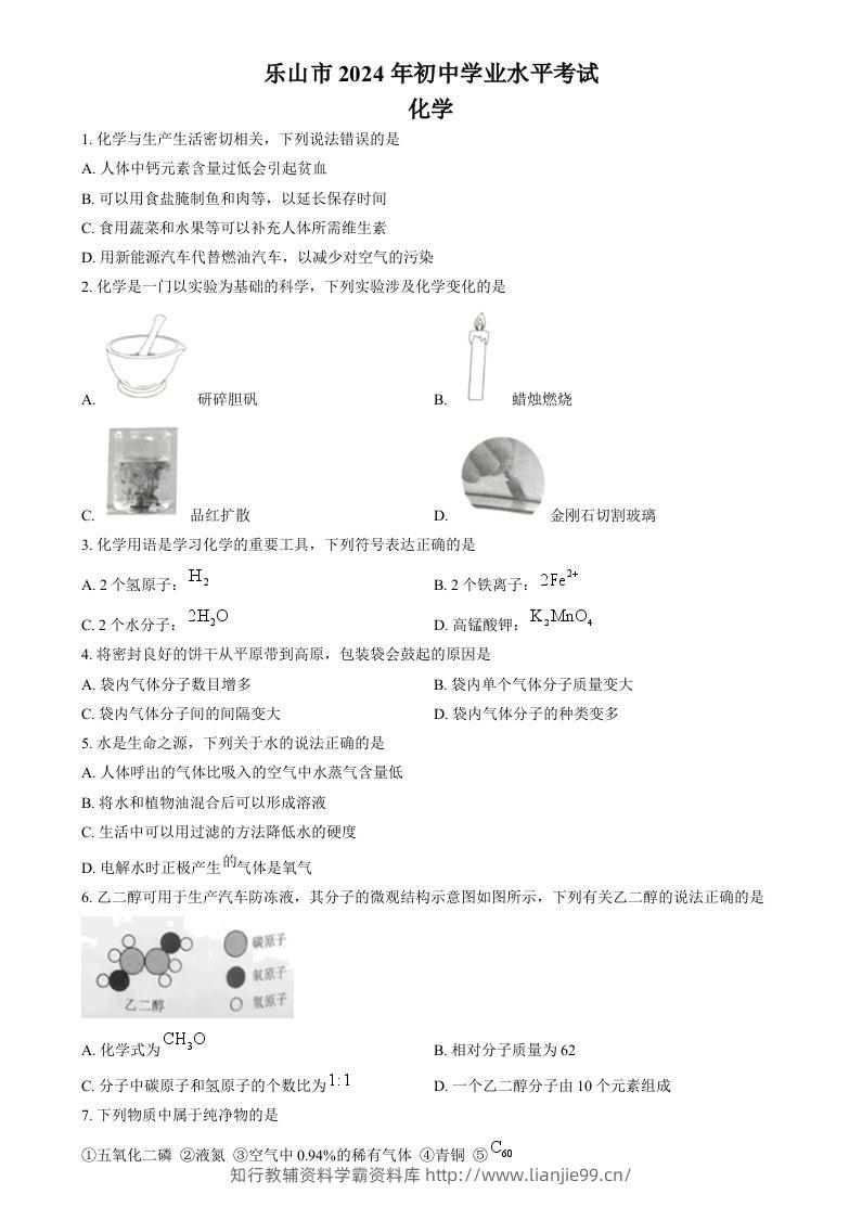 2024年四川省乐山市中考化学真题（空白卷）-学霸资料库学科资源下载