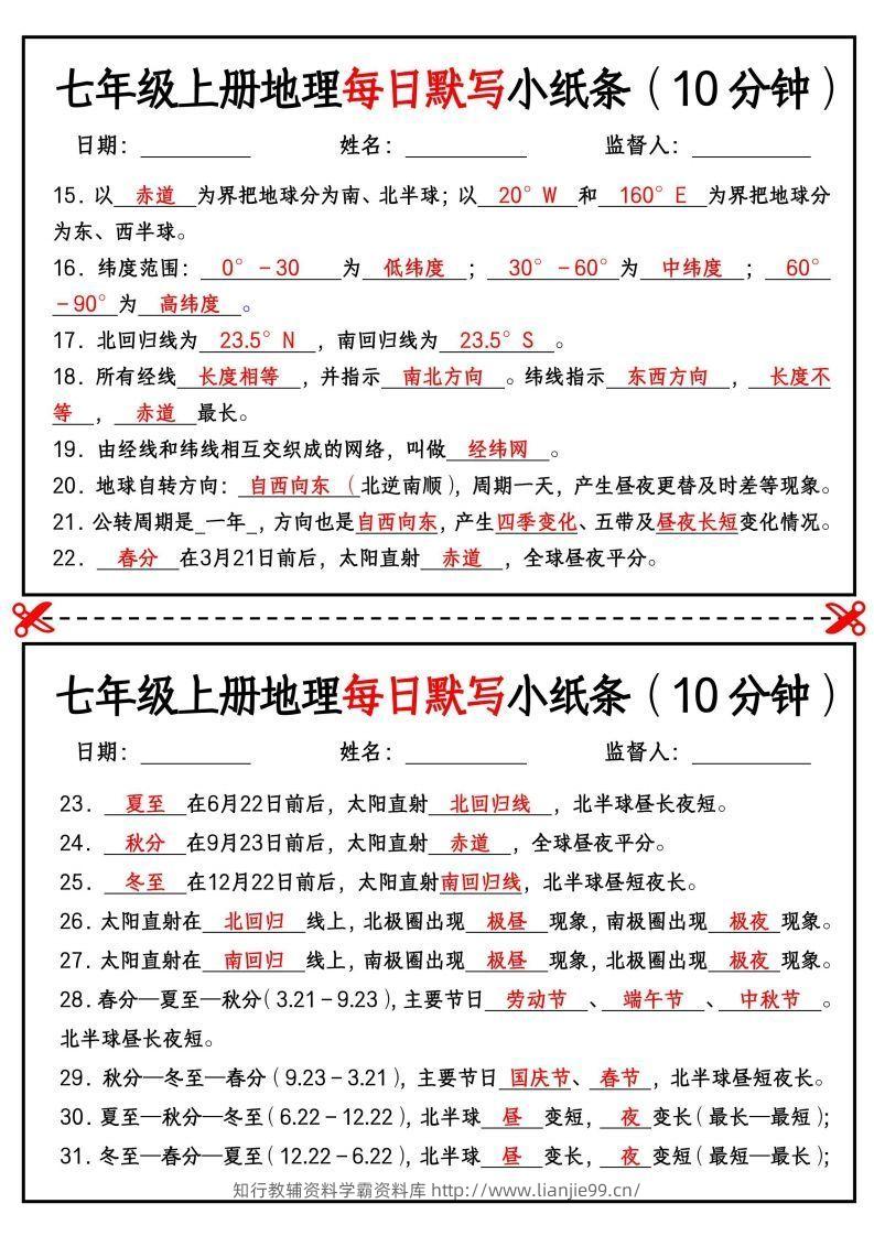图片[2]-七年级上册地理每日默写小纸条（10分钟）-学霸资料库学科资源下载