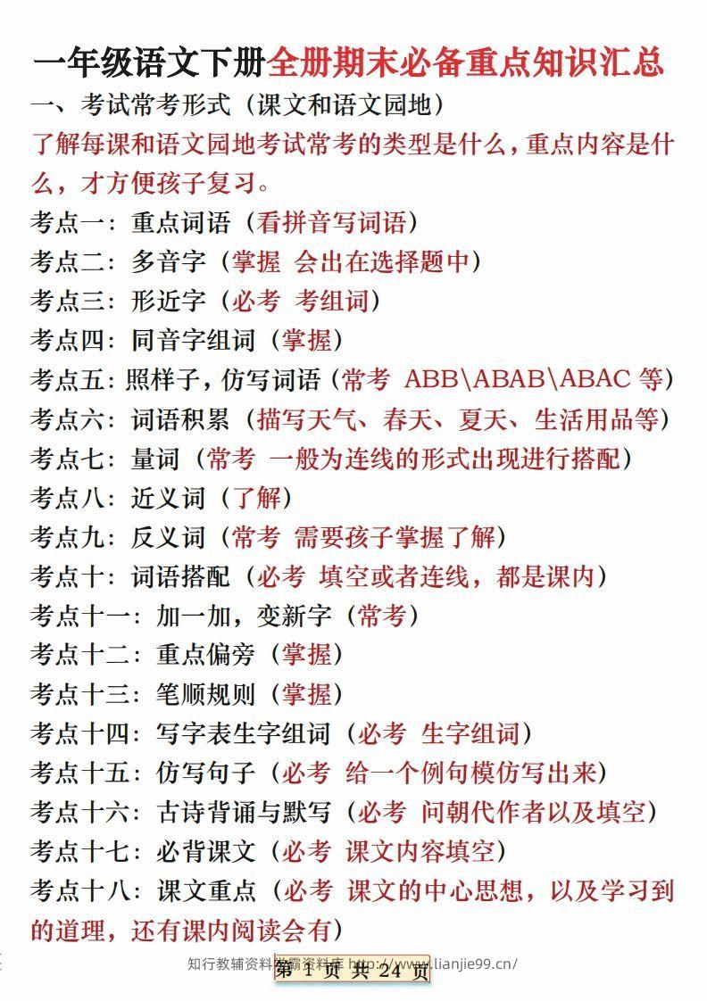 期末复习重点知识汇总一下语文-学霸资料库学科资源下载