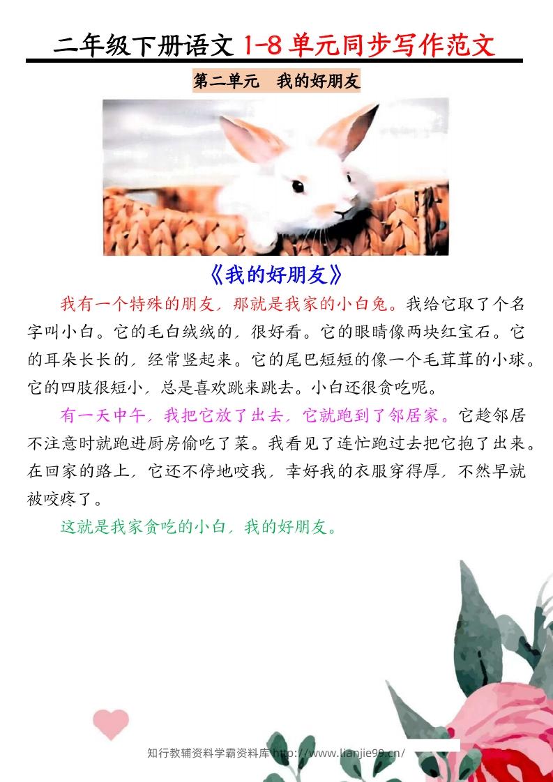 图片[2]-二下语文1-8单元同步作文范文7页-学霸资料库学科资源下载