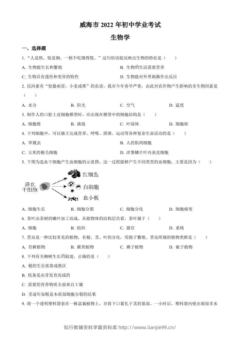 2022年山东省威海市中考生物真题（空白卷）-学霸资料库学科资源下载