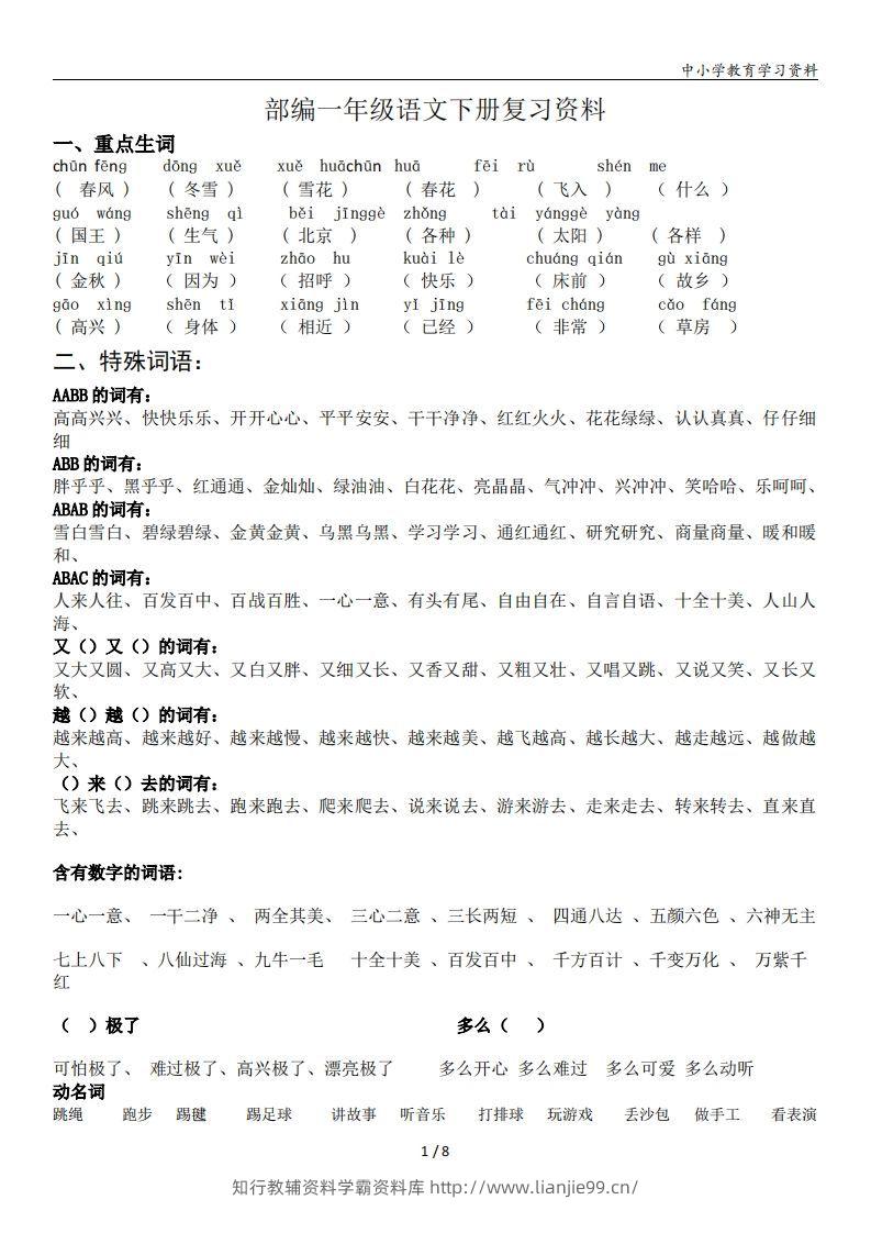 一年级语文下册复习资料(全面、经典)-学霸资料库学科资源下载