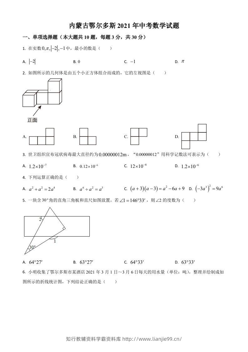 内蒙古鄂尔多斯2021年中考数学试题（空白卷）-学霸资料库学科资源下载
