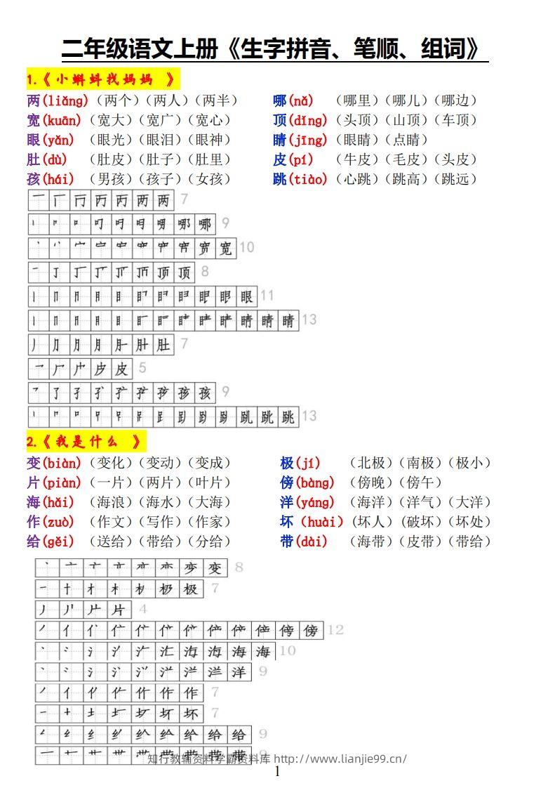 二上语文《生字拼音、笔顺、组词》-学霸资料库学科资源下载