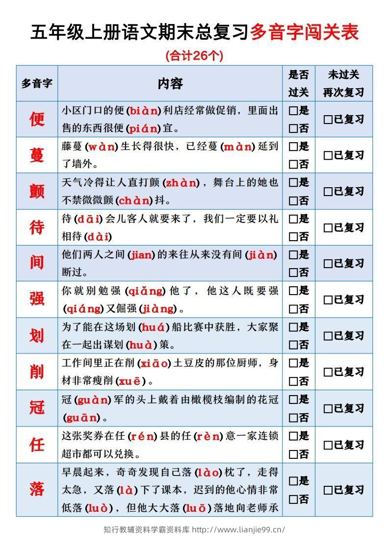 【期末总复习闯关表】五上语文-学霸资料库学科资源下载