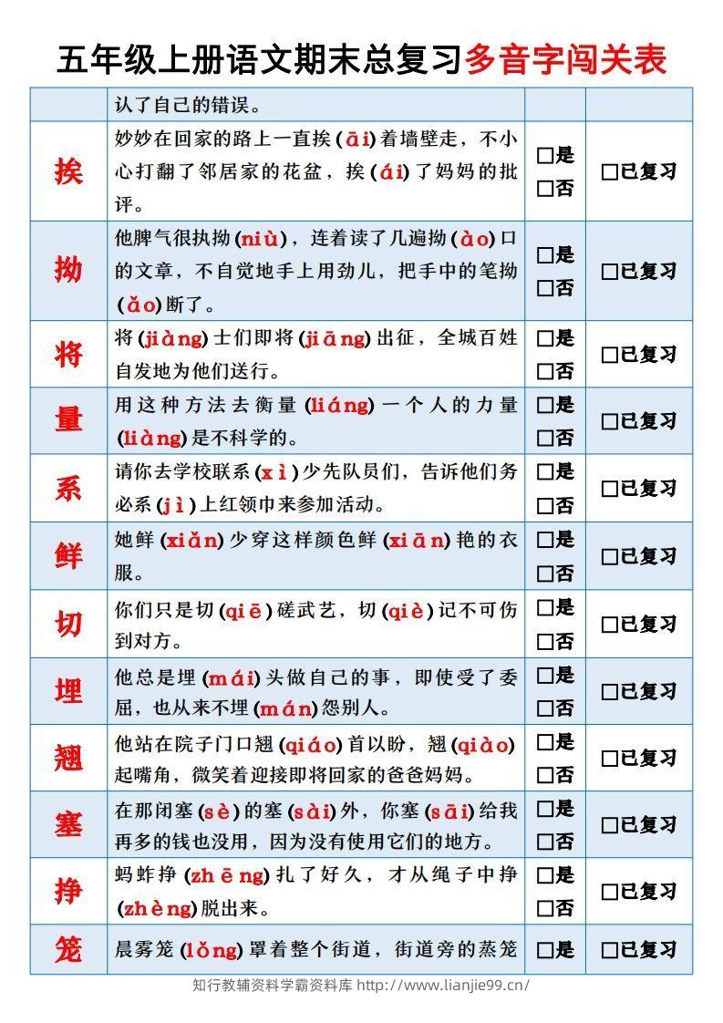 图片[2]-【期末总复习闯关表】五上语文-学霸资料库学科资源下载