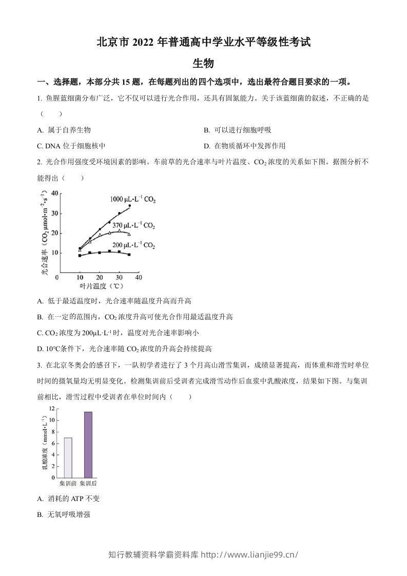 2022年高考生物试卷（北京）（空白卷）-学霸资料库学科资源下载