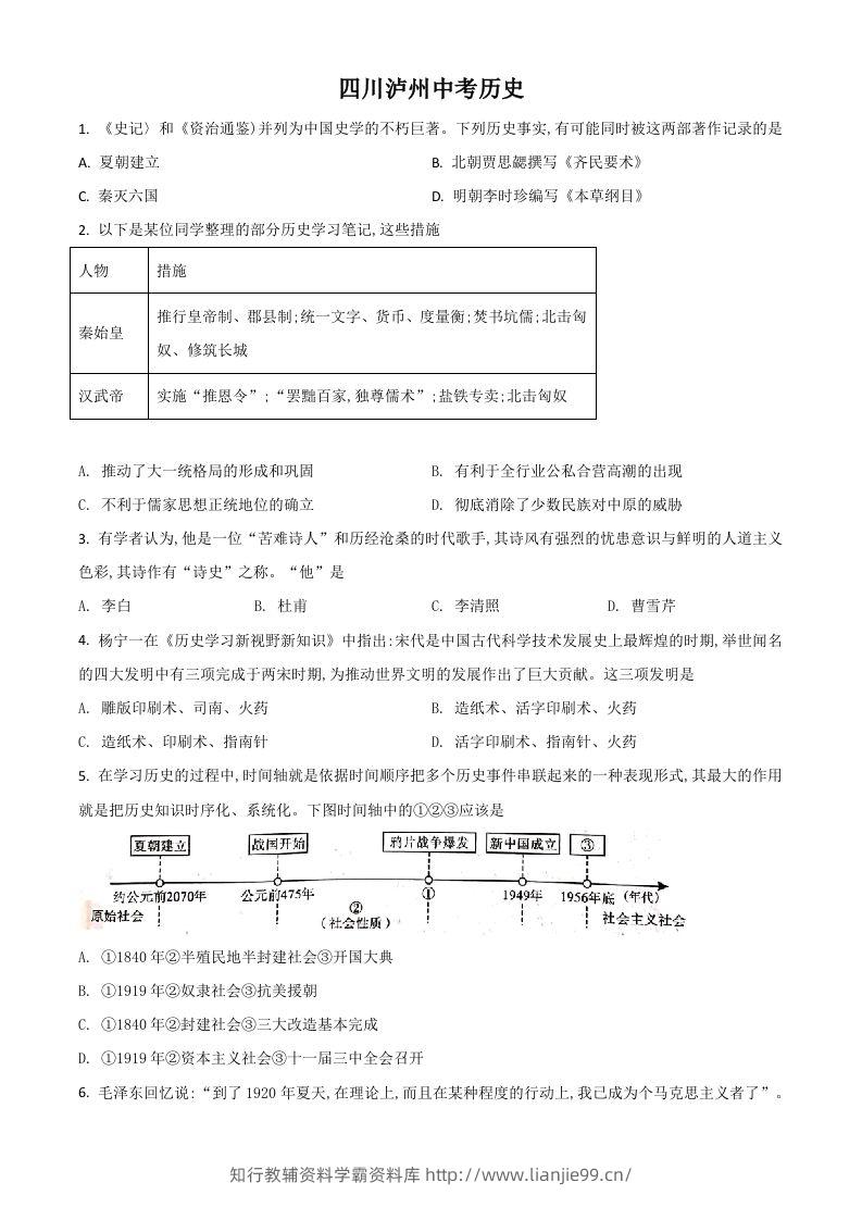 四川省泸州市2021年中考历史试题（空白卷）-学霸资料库学科资源下载