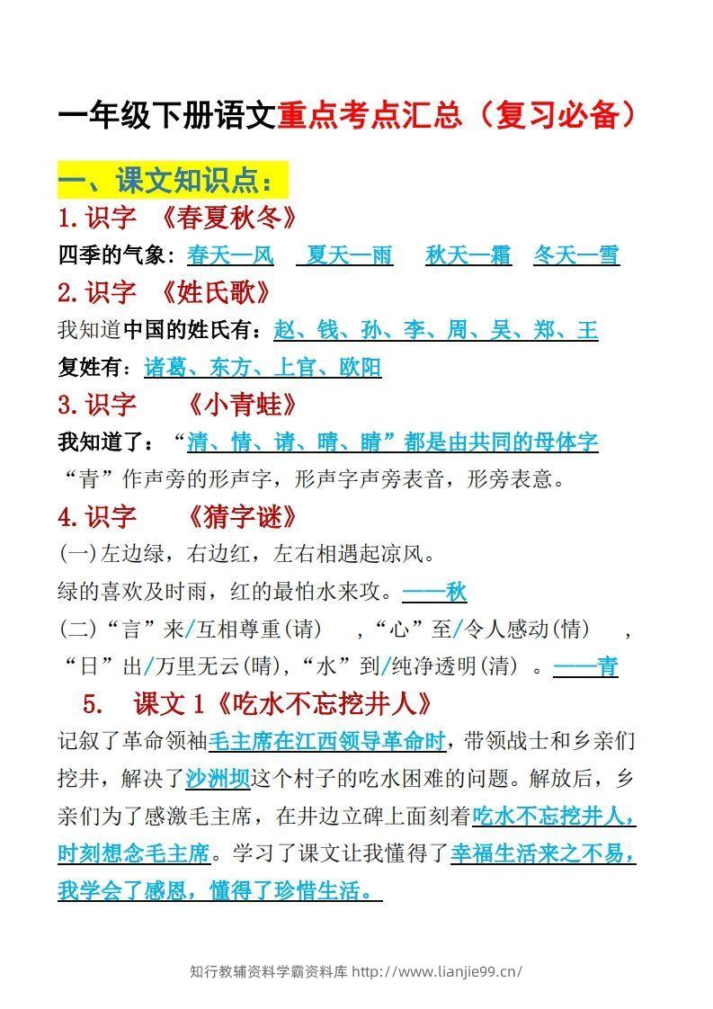 一年级下册语文重点考点汇总（复习必备）-学霸资料库学科资源下载