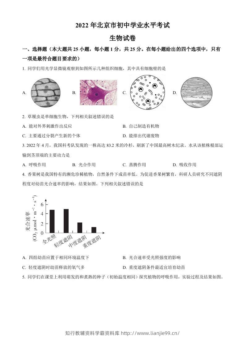 2022年北京市中考生物真题（空白卷）-学霸资料库学科资源下载