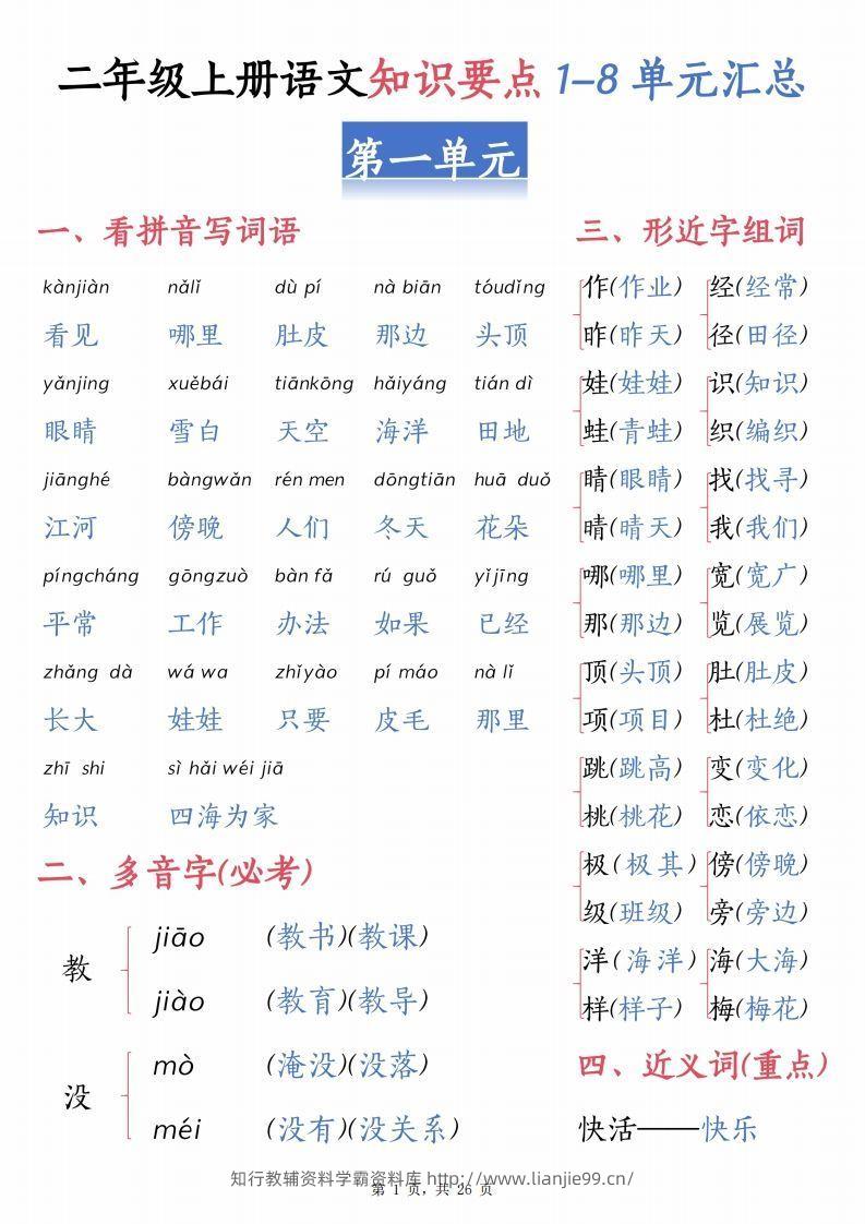 【1-8单元汇总知识要点（26页）】二上语文-学霸资料库学科资源下载
