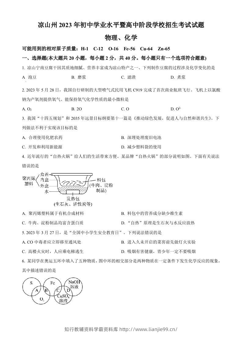 2023年四川省凉山州中考化学真题（空白卷）-学霸资料库学科资源下载