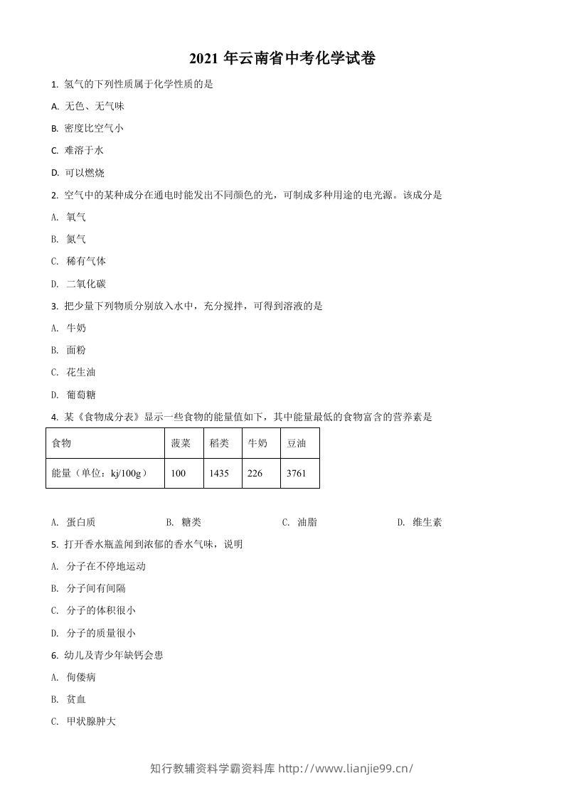 云南省2021年中考化学试题（空白卷）-学霸资料库学科资源下载