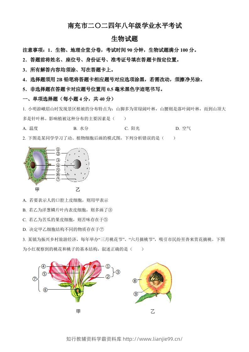 2024四川省南充市中考生物真题（空白卷）-学霸资料库学科资源下载