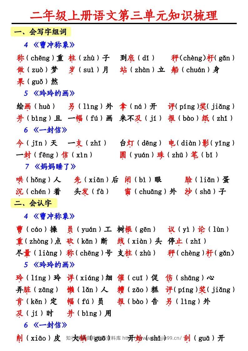 【第三单元知识梳理】二上语文-学霸资料库学科资源下载