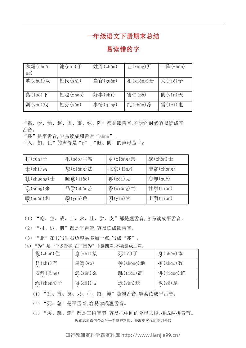 一年级语文下册期末总结—易读（写）错的字-学霸资料库学科资源下载
