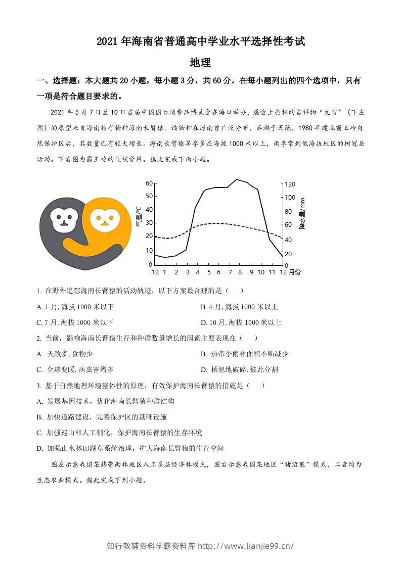 2021年高考地理试卷（海南）（空白卷）-学霸资料库学科资源下载