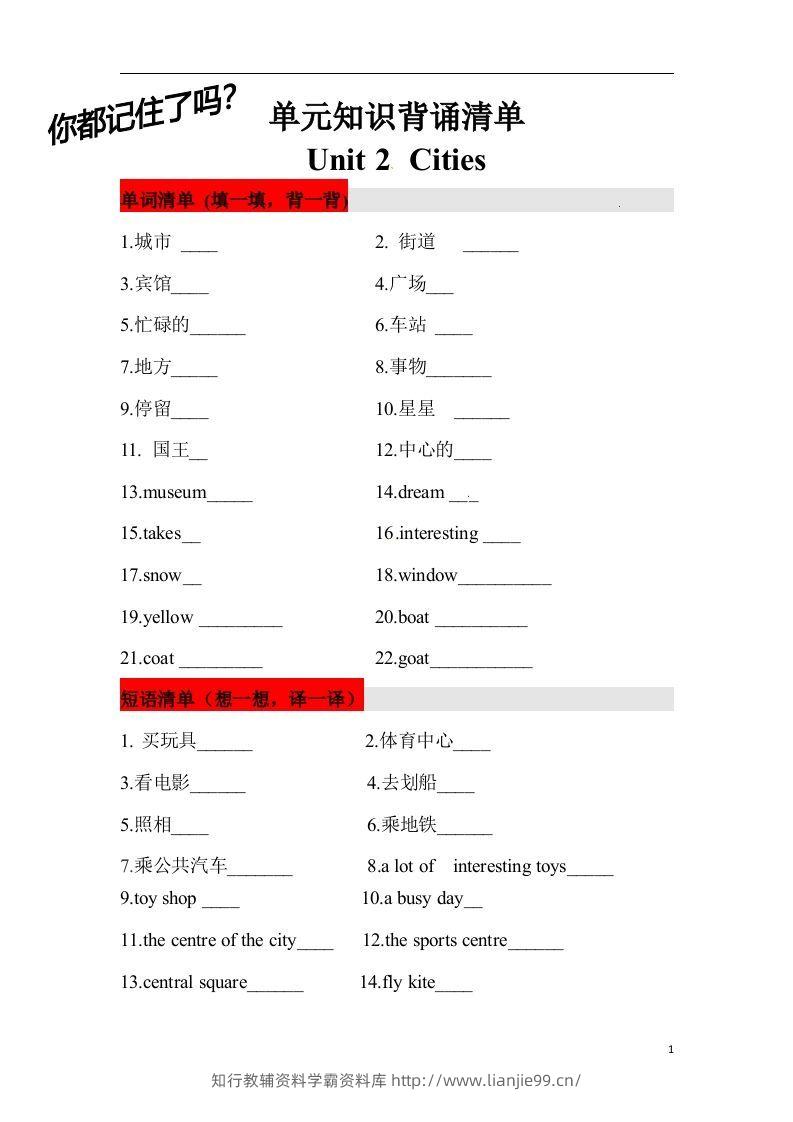 ❤四年级英语下册单元知识背诵清单Unit2Cities人教新起点（含答案）-学霸资料库学科资源下载