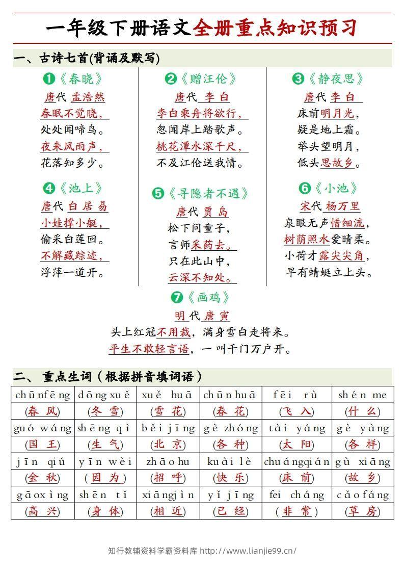 1.27一年级下册语文全册重点知识预习汇总-学霸资料库学科资源下载