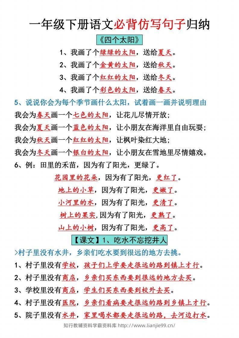 一年级下册语文全册仿写句子汇总_纯图版-学霸资料库学科资源下载