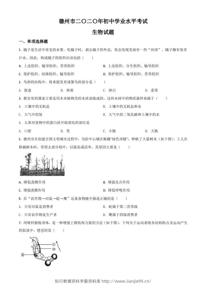 山东省德州市2020中考生物试题（空白卷）-学霸资料库学科资源下载