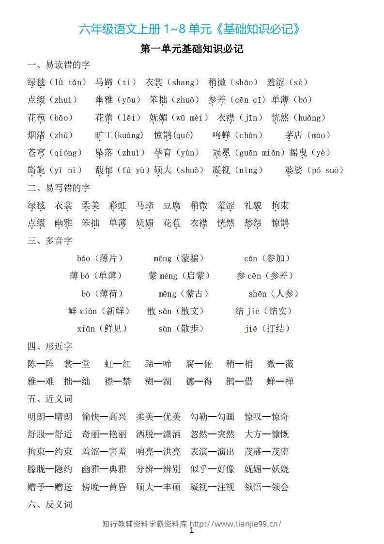 六年级上册语文：1~8单元《基础知识必记》-学霸资料库学科资源下载