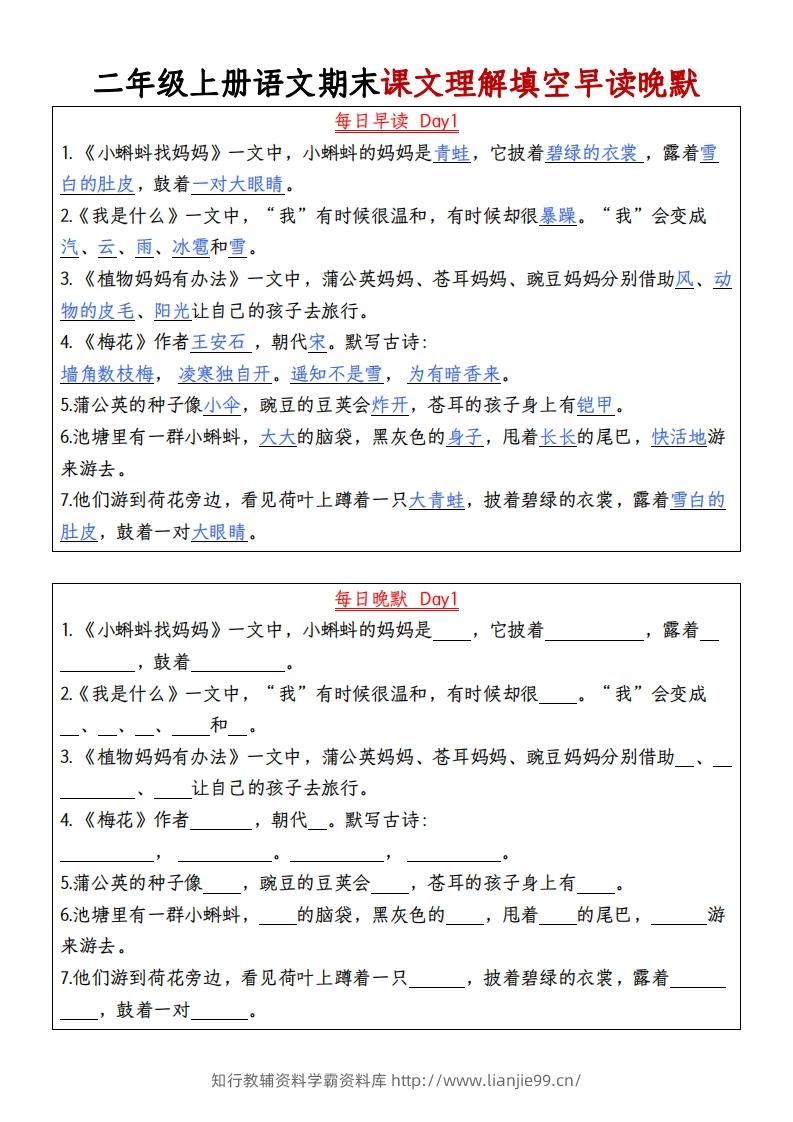 二年级上册语文期末课文理解填空早读晚默-学霸资料库学科资源下载