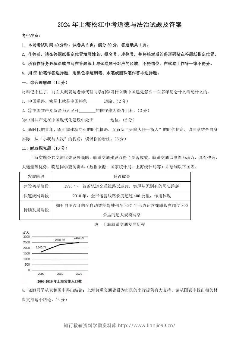 2024年上海松江中考道德与法治试题及答案(Word版)-学霸资料库学科资源下载