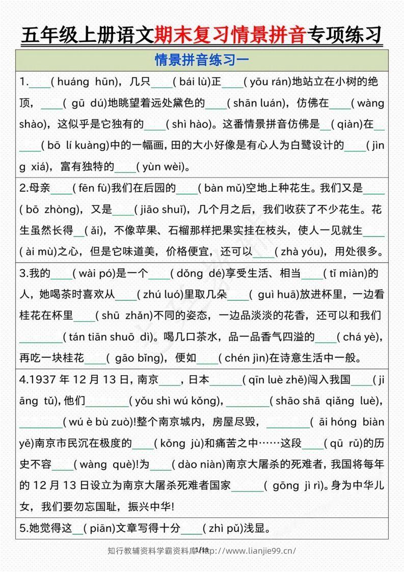 【期末情景拼音默写专项练习（空白）】五上语文-学霸资料库学科资源下载