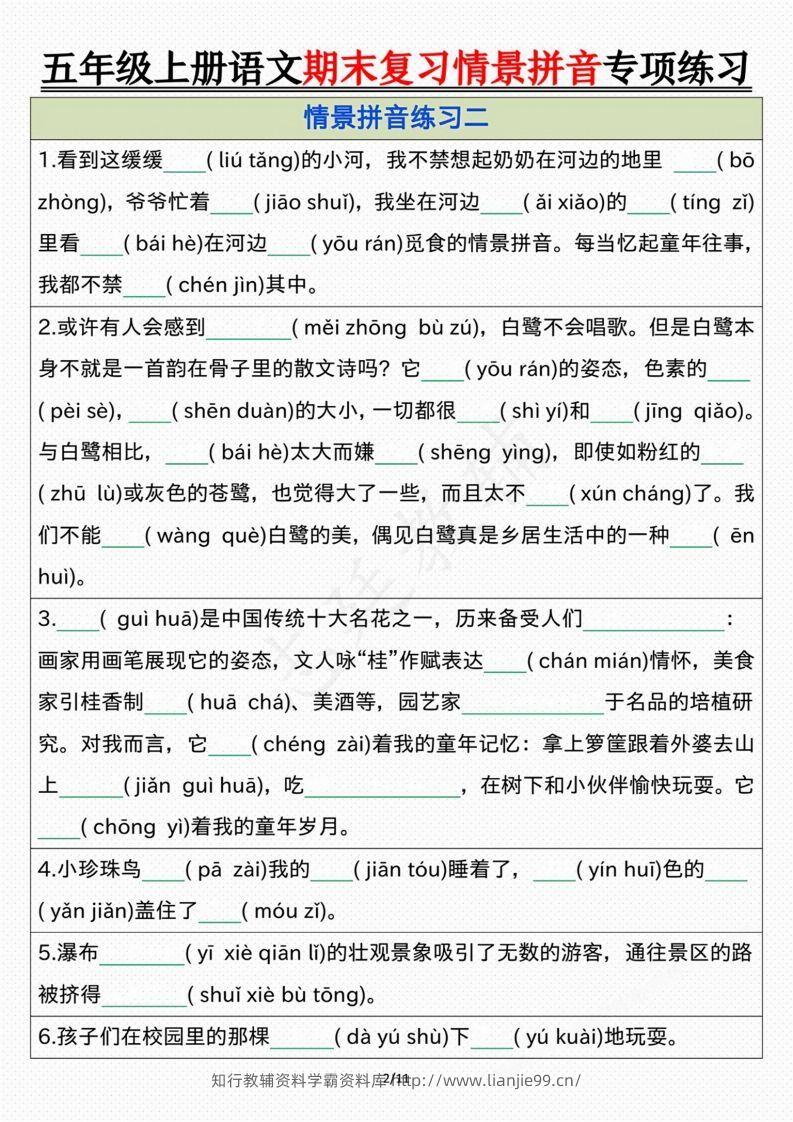 图片[2]-【期末情景拼音默写专项练习（空白）】五上语文-学霸资料库学科资源下载