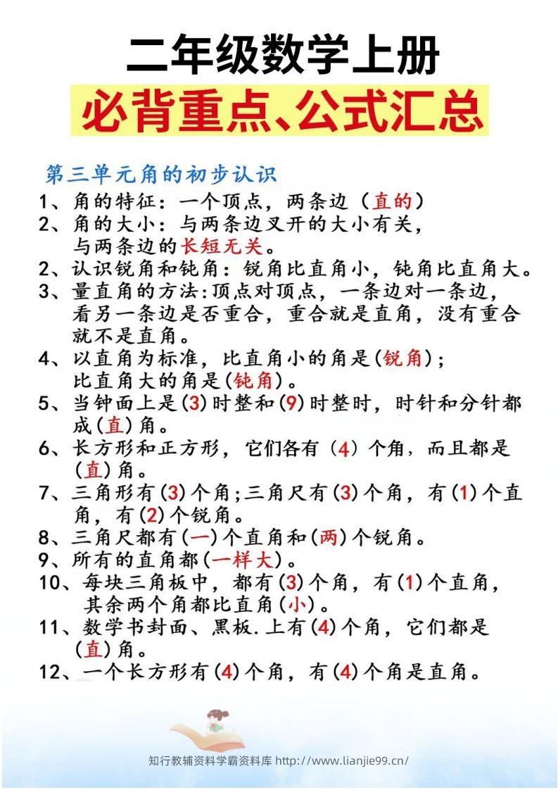 图片[2]-二上数学必背重点知识汇总精编人教版-学霸资料库学科资源下载