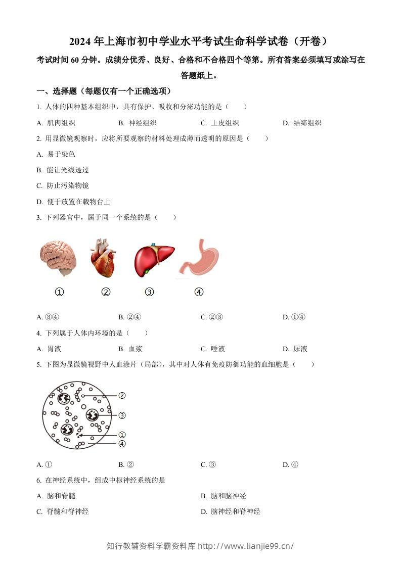 2024年上海市中考生物试题（空白卷）-学霸资料库学科资源下载