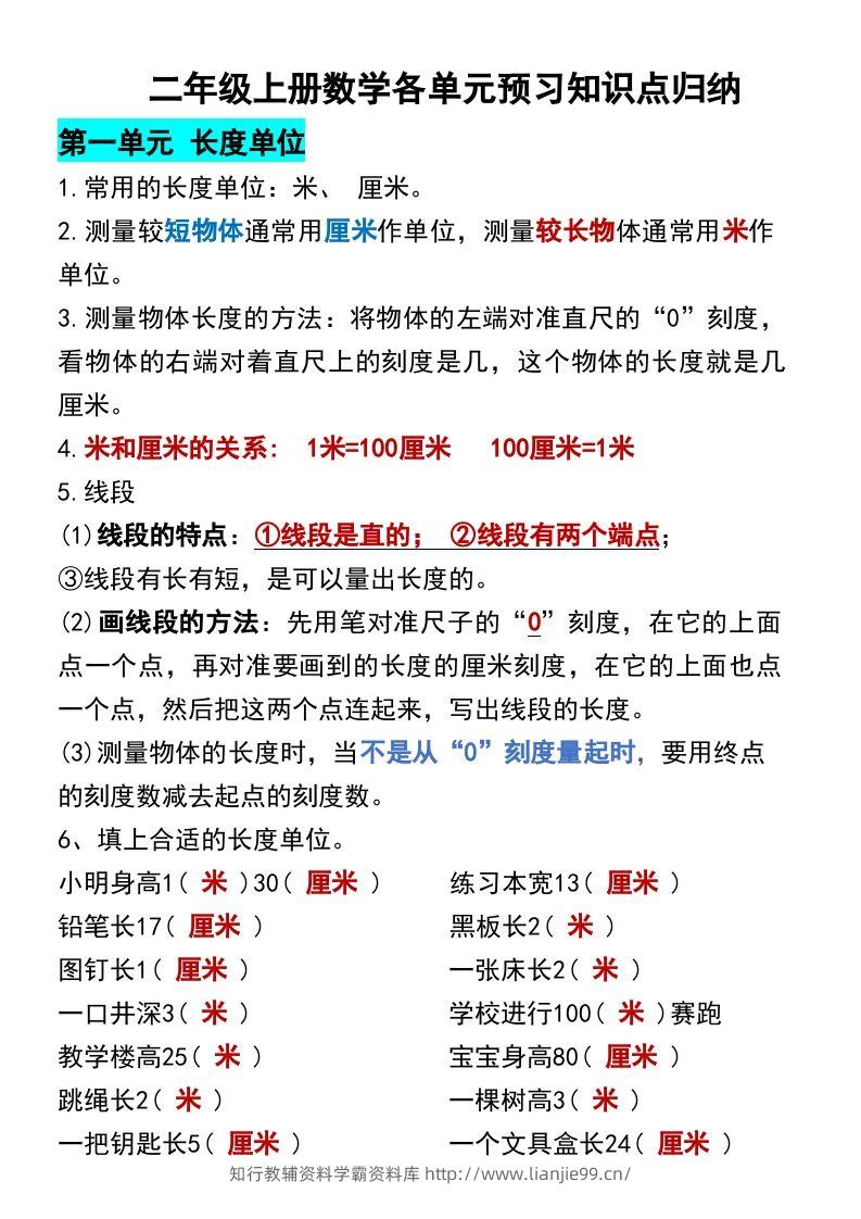 二年级上册数学各单元预习知识点归纳-学霸资料库学科资源下载