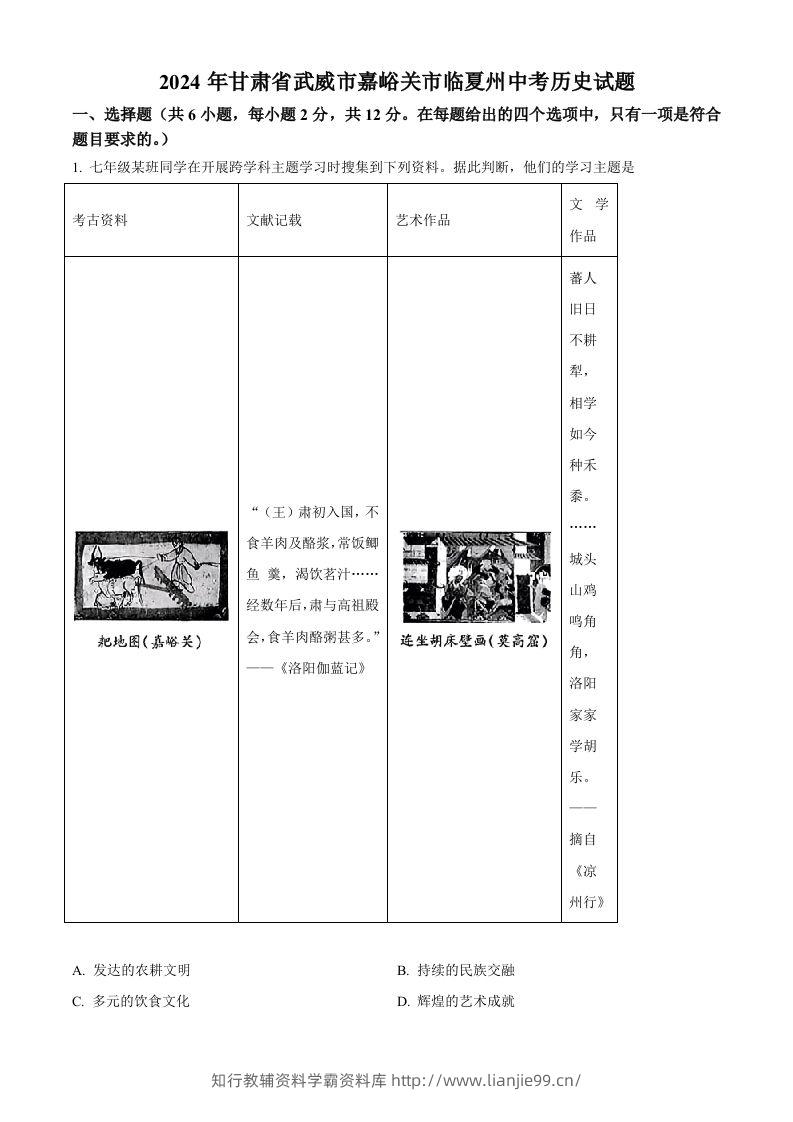 2024年甘肃省武威市嘉峪关市临夏州中考历史试题（含答案）-学霸资料库学科资源下载