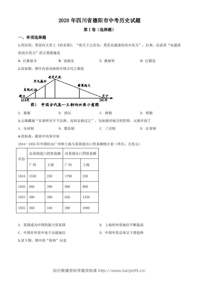 四川省德阳市2020年中考历史试题（空白卷）-学霸资料库学科资源下载