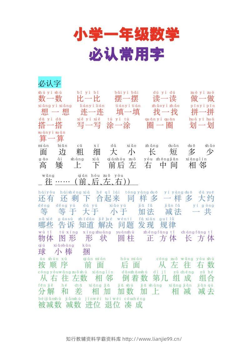 一年级上册数学必认常用字-学霸资料库学科资源下载