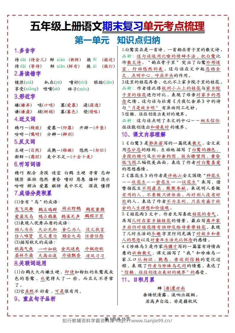 【期末复习1-8单元考点梳理】五上语文-学霸资料库学科资源下载