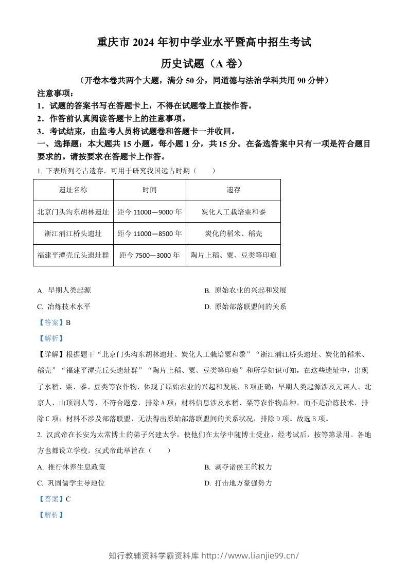 2024年重庆市中考历史真题（A卷）（含答案）-学霸资料库学科资源下载