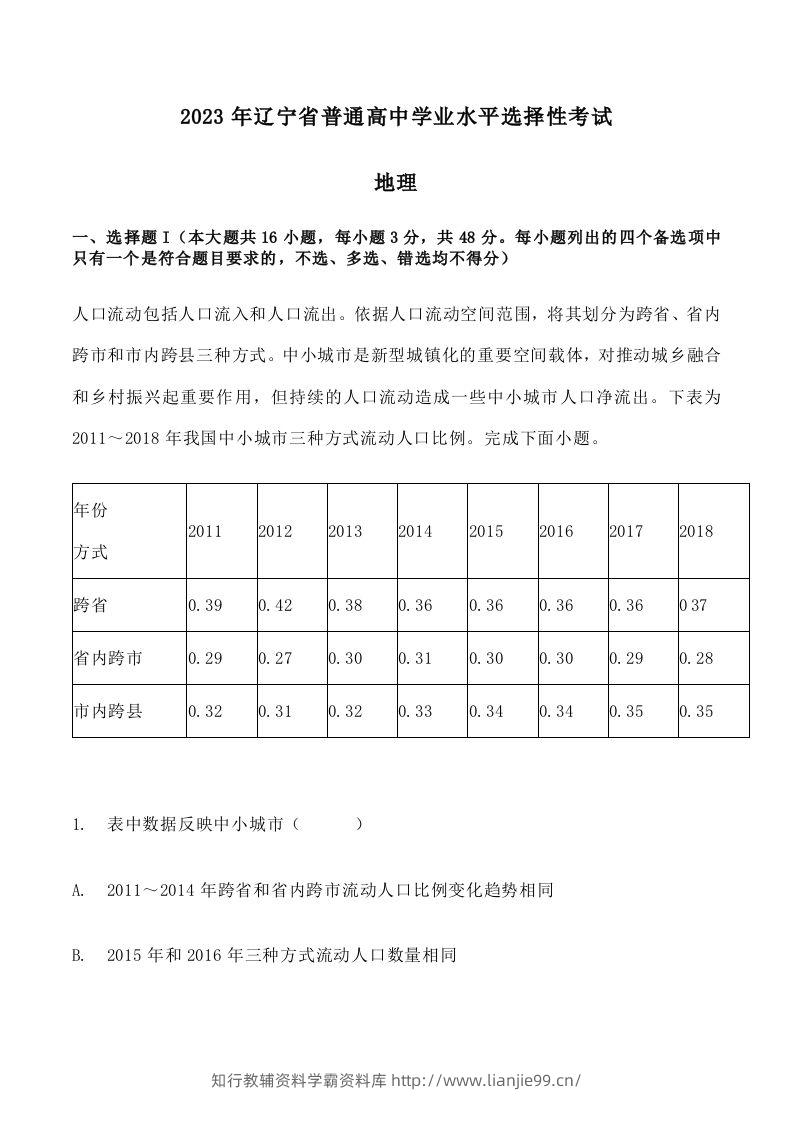 2023年高考地理试卷（辽宁）（空白卷）-学霸资料库学科资源下载